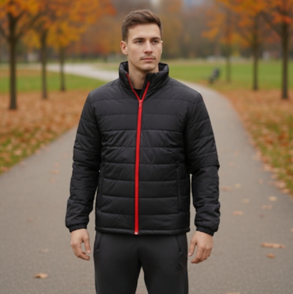 NWT Adidas Climastor Black Puffer Jacket with Red Zipper - Picture 1 of 6